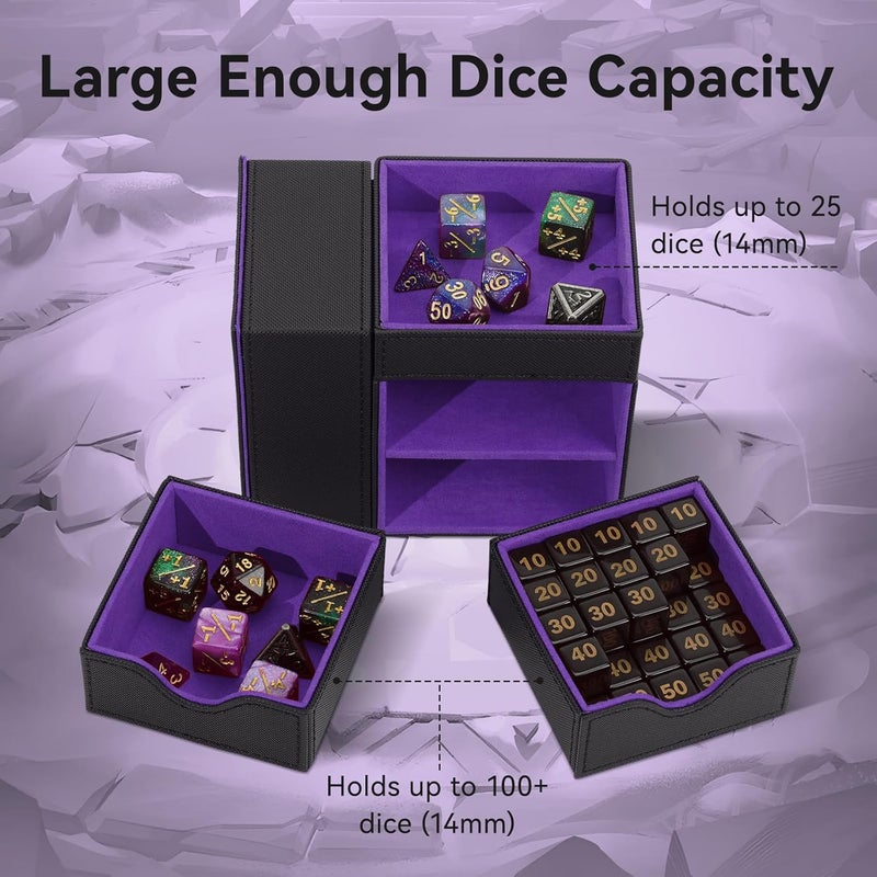 Stepane Leather Dice Tray & Tower Storage Box, 3 in 1 Dice Holder Case (Rolling Tray, Tower, Storage Drawers), Magnetic Closure DND Accessories Gifts for RPG MTG, Black/Violet - Image 3
